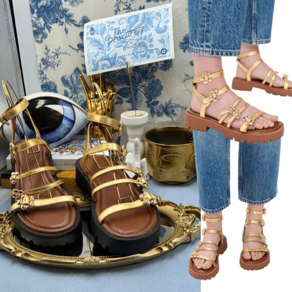 🆕 MARC JACOBS 🧿 NWOB The Daisy Gold Buckle Black Lug Sole Sandals, Sz 9M - Picture 1 of 16